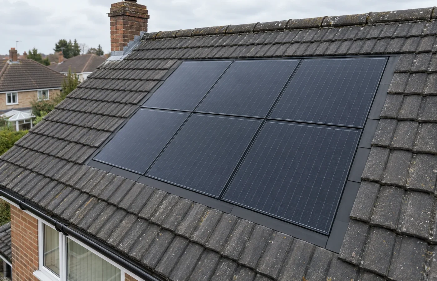 Flush in-roof solar array integrated into a dark grey tiled roof